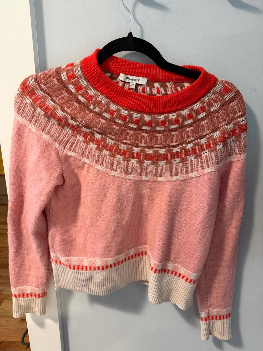 Madewell Pink and Red Fair Isle Crewneck Sweater